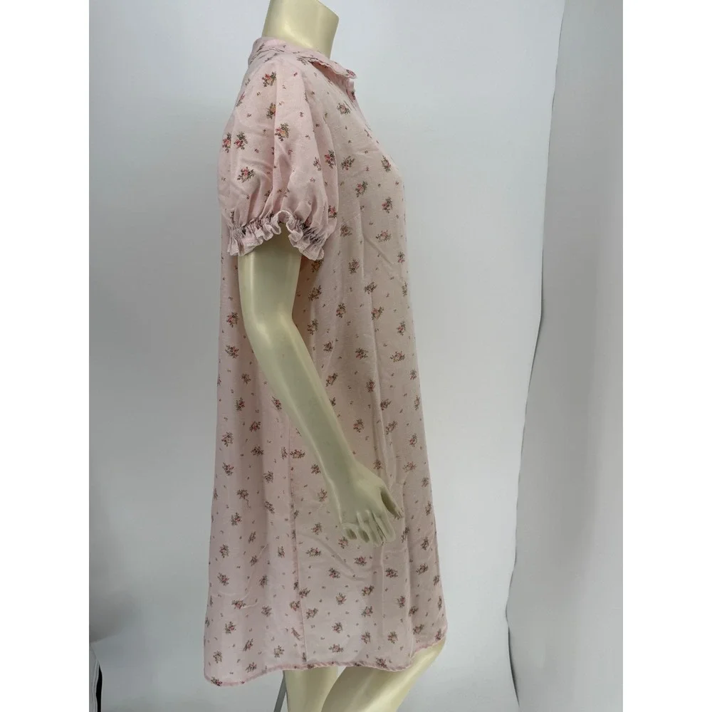 Vintage 1950s‎ Handmade Pink Floral Cotton Puff Sleeve House Robe Semi Sheer